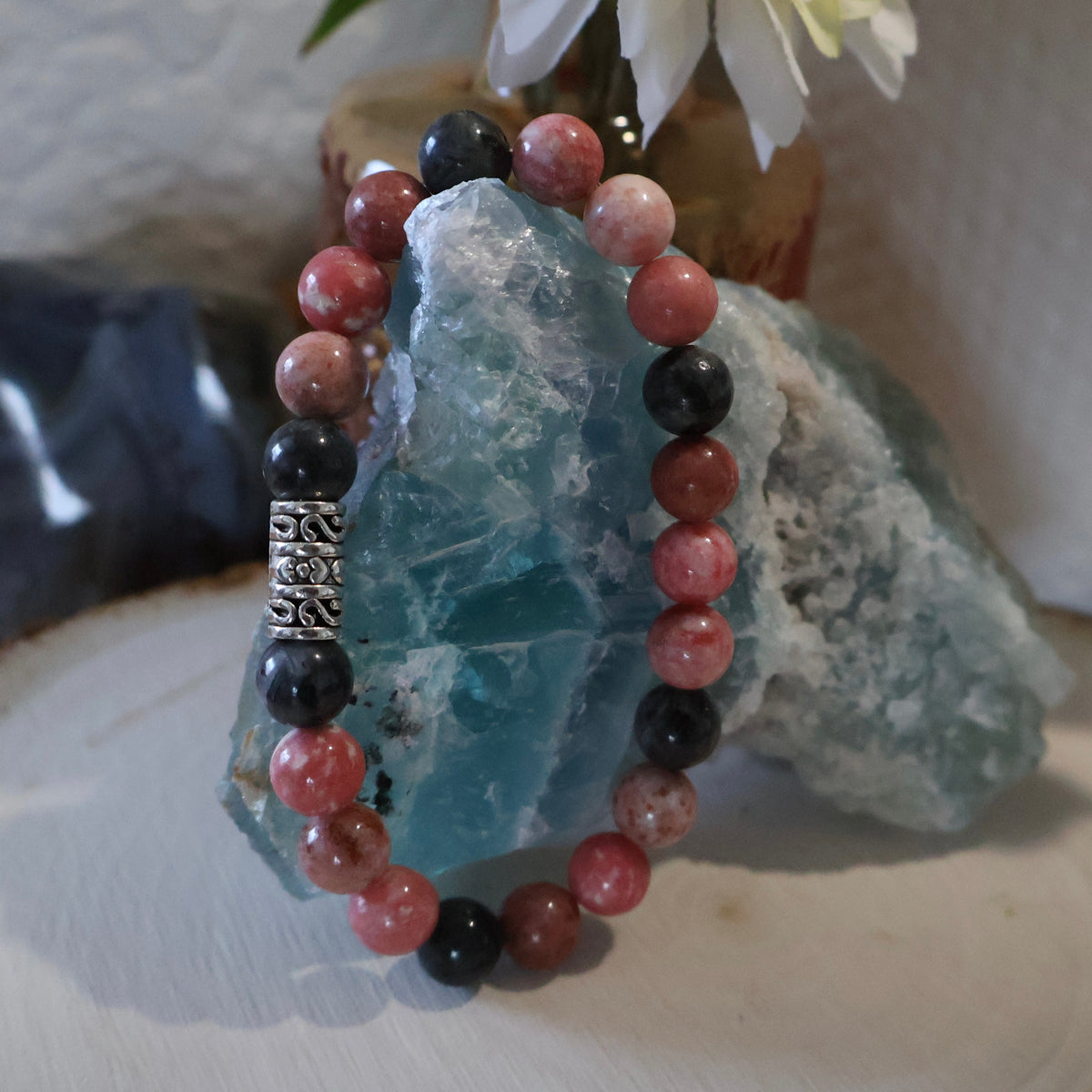 Thulite & Larvikite Bracelet - 8mm Gemstone Beads