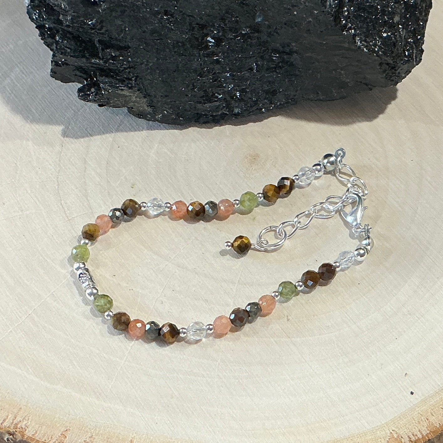 Bracelet - 4mm Faceted Peridot, Pyrite, Sunstone, Tiger’s Eye and Clear Quartz