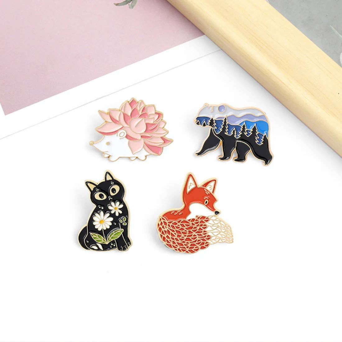 Forest Friends Enamel Pins: Pink