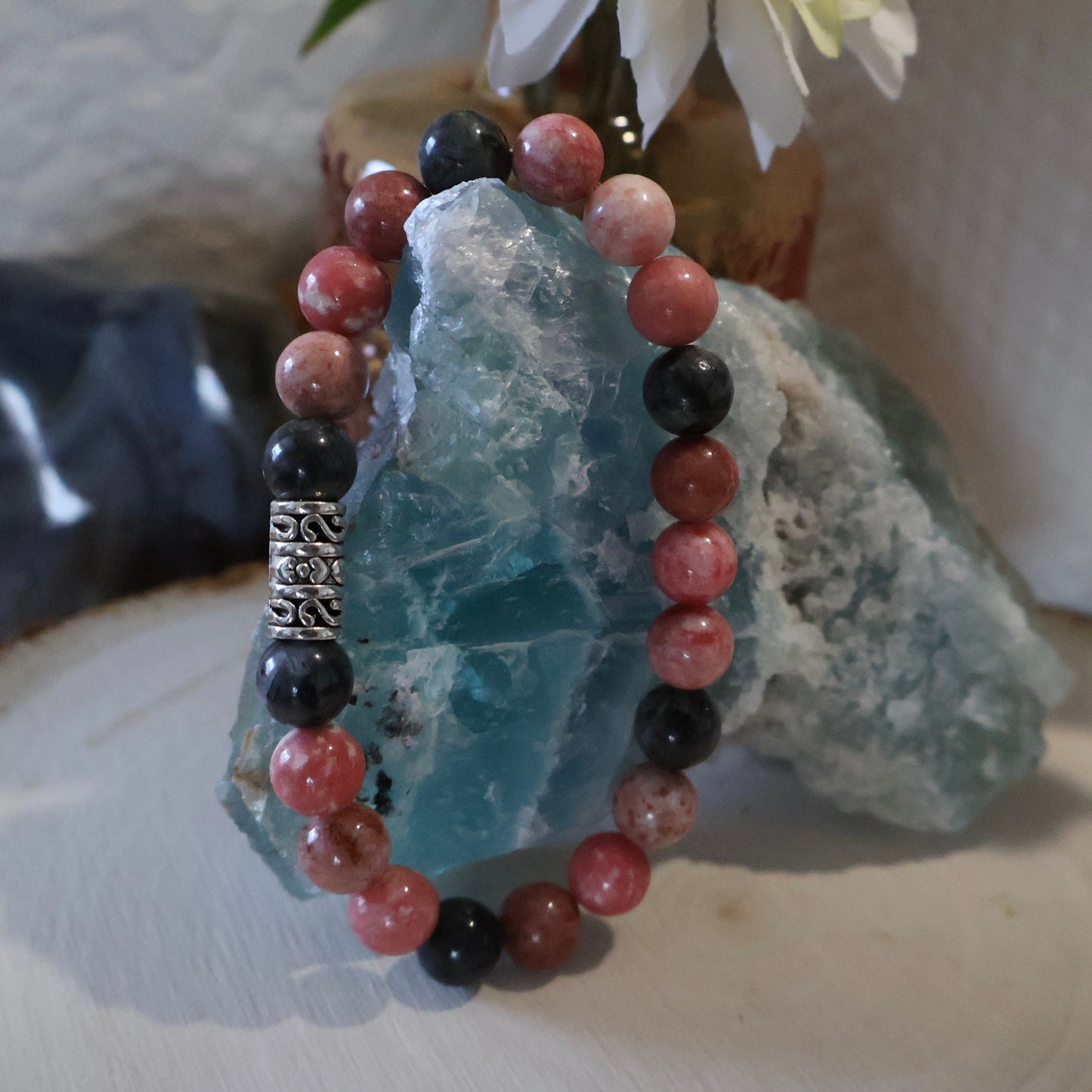 Thulite & Larvikite Bracelet - 8mm Gemstone Beads