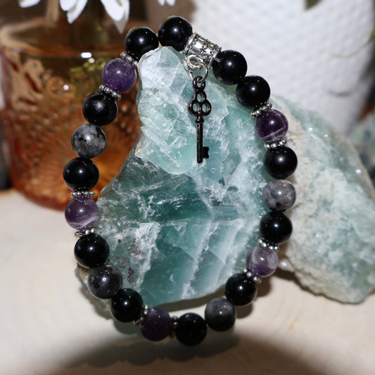 Bracelet - Amethyst, Larvikite, Obsidian with Key Charm