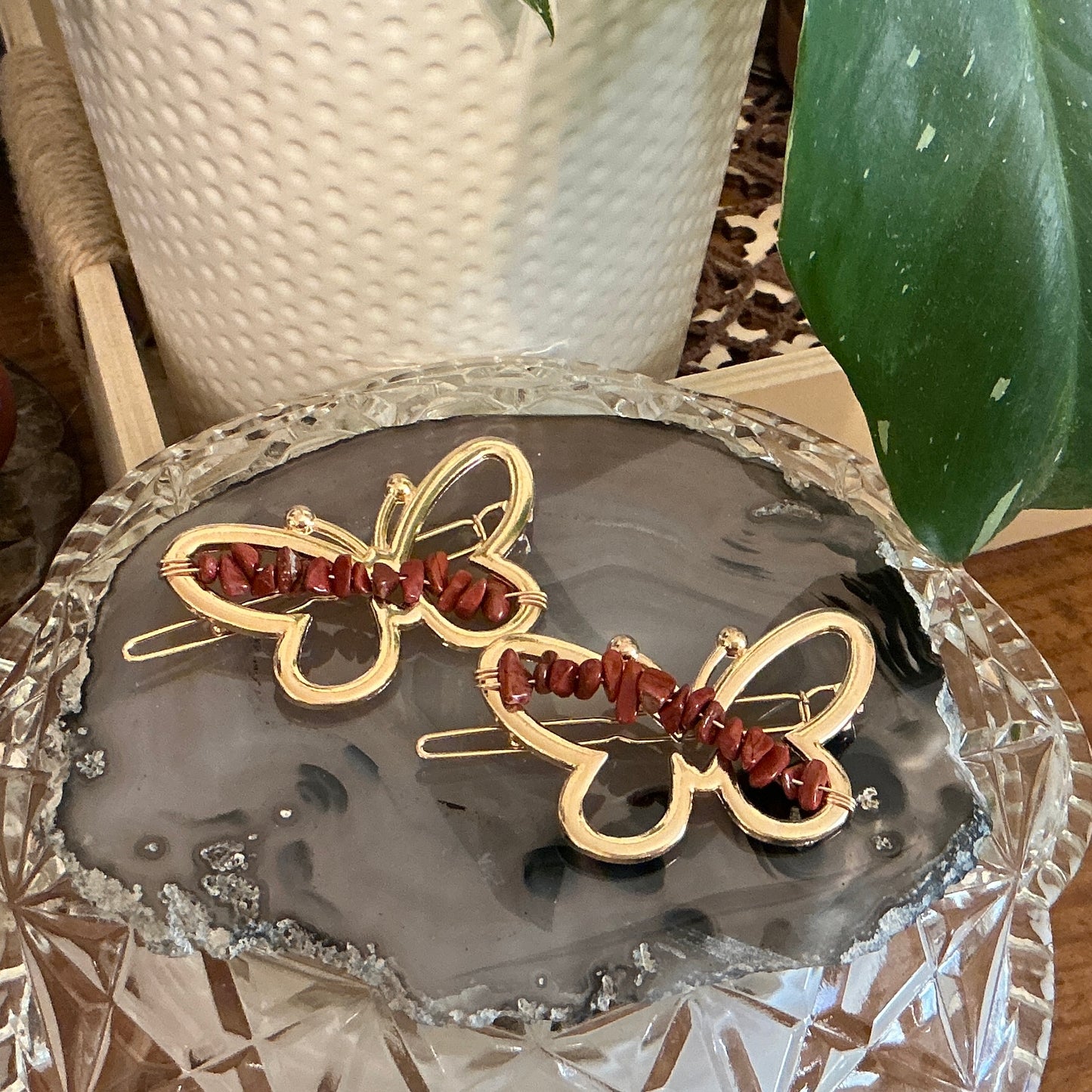 Hair Clip - Butterfly with Natural Gemstone Beads