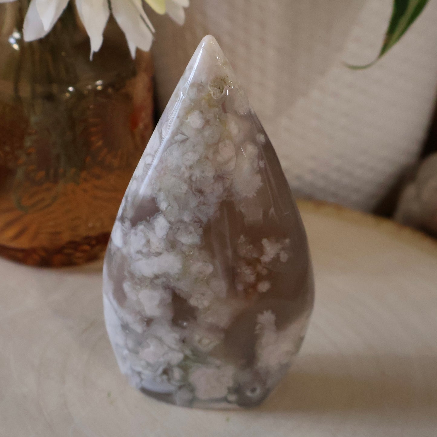 Flower Agate Teardrop Freeform Carving