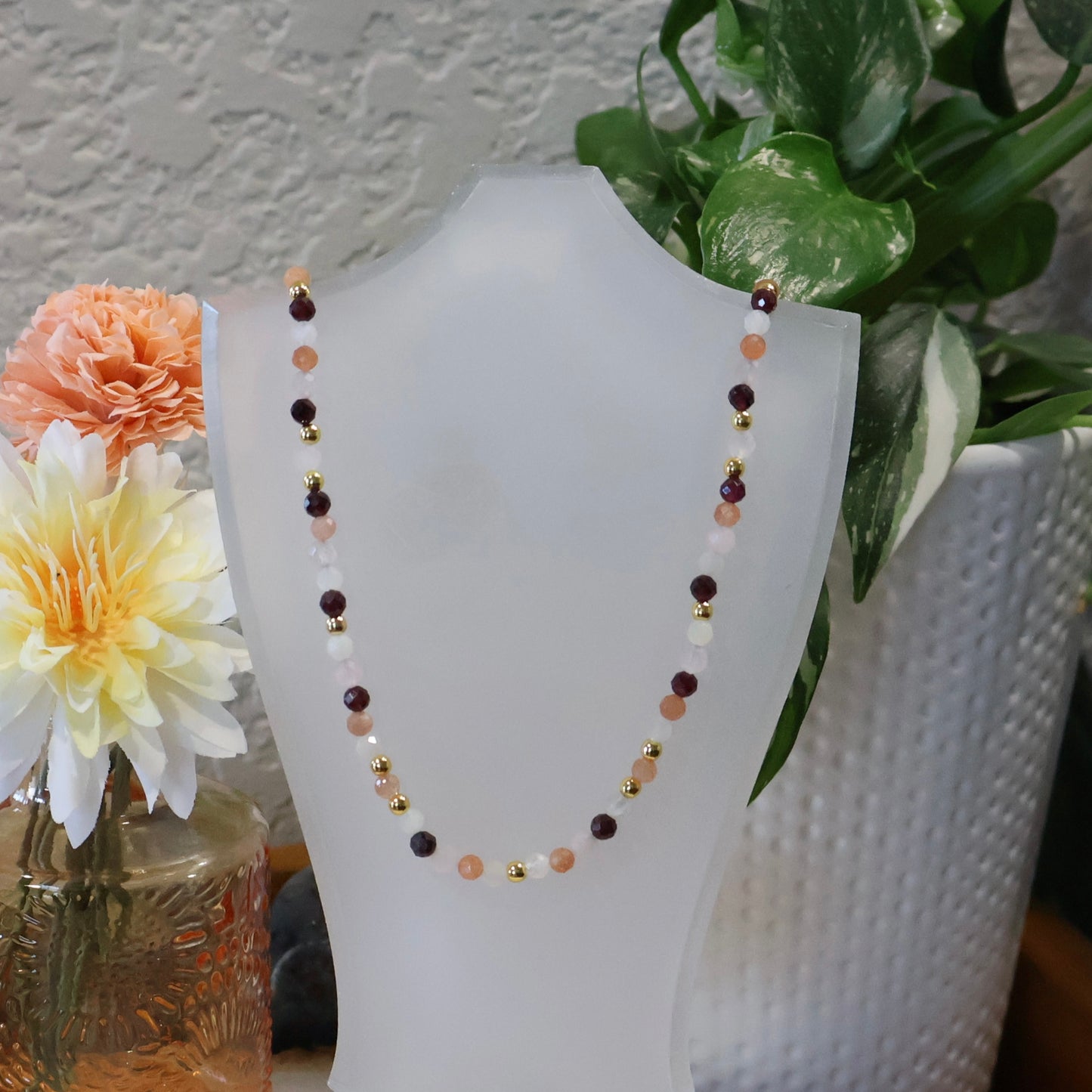 Garnet-Moonstone-Rose Quartz-Sunstone Necklace - 16inch