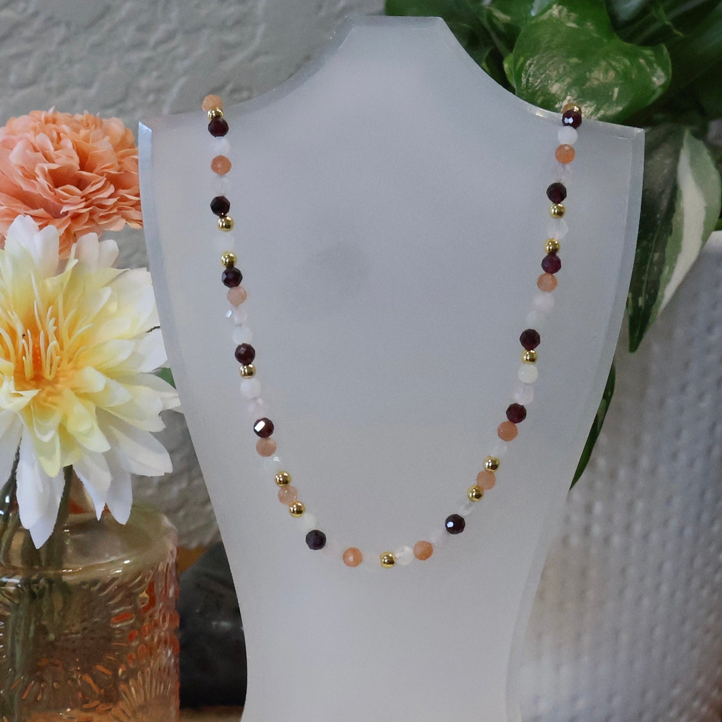 Garnet-Moonstone-Rose Quartz-Sunstone Necklace - 16inch