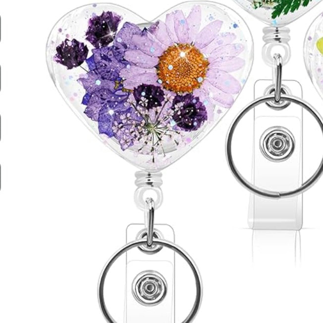 Badge Reel - Heart w/ Flowers in Resin