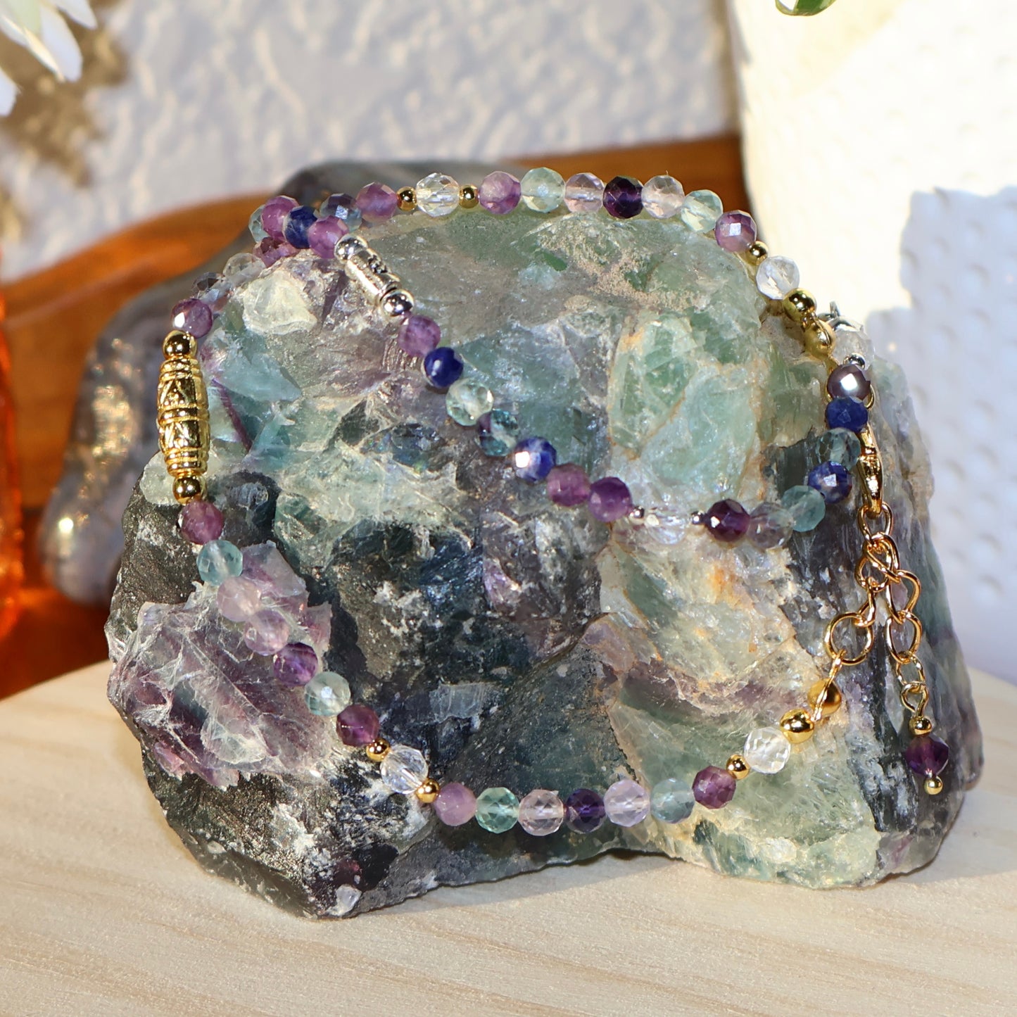 Bracelet - 4mm Faceted Amethyst, Rainbow Fluorite, & Clear Quartz