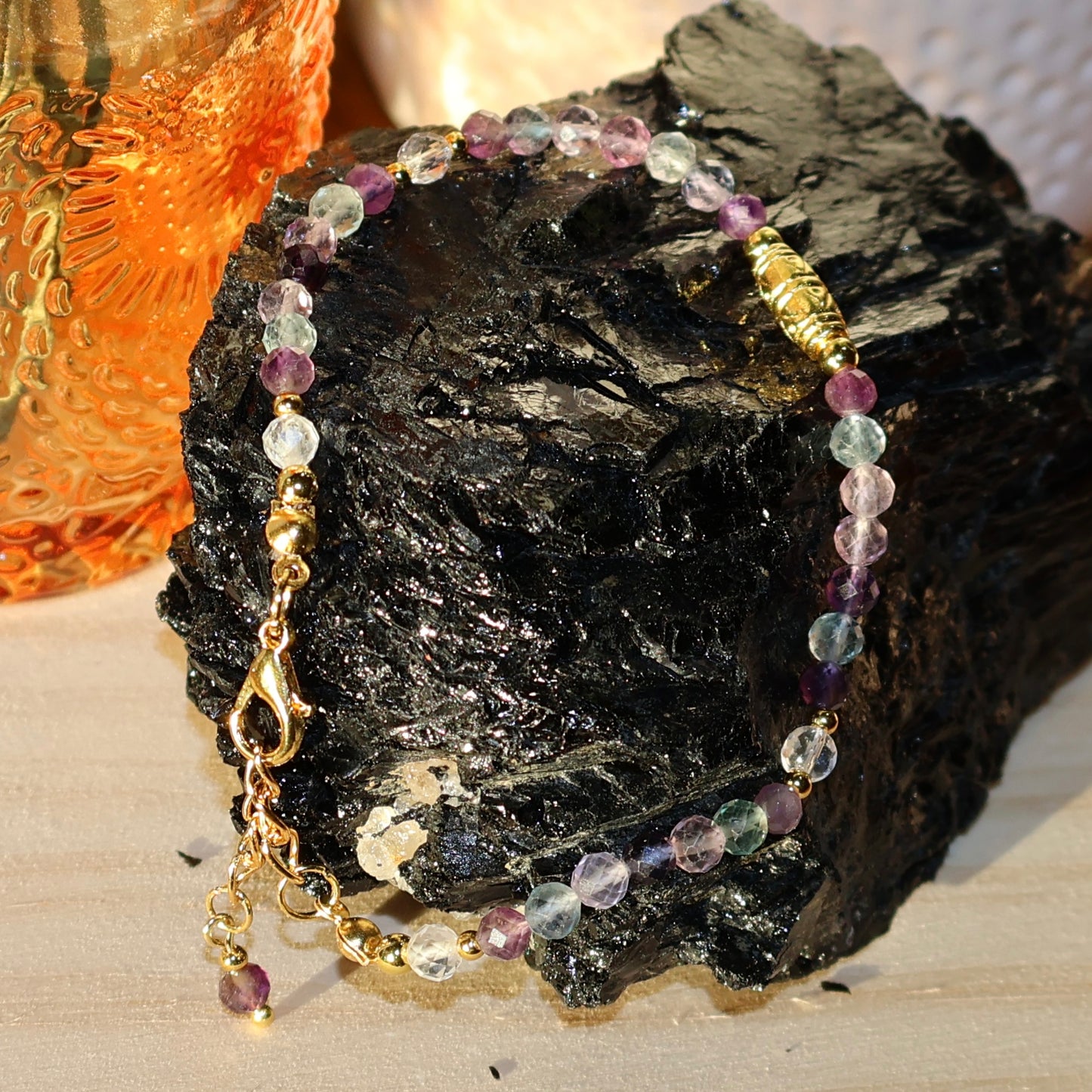 Bracelet - 4mm Faceted Amethyst, Rainbow Fluorite, & Clear Quartz