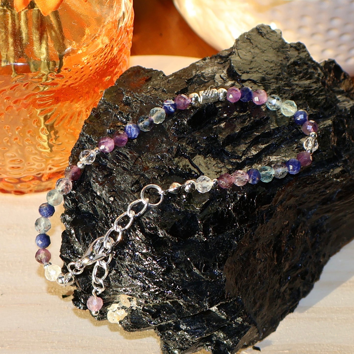Bracelet - 4mm Faceted Amethyst, Rainbow Fluorite, & Clear Quartz