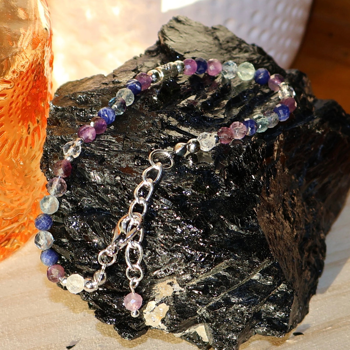 Bracelet - 4mm Faceted Amethyst, Rainbow Fluorite, & Clear Quartz