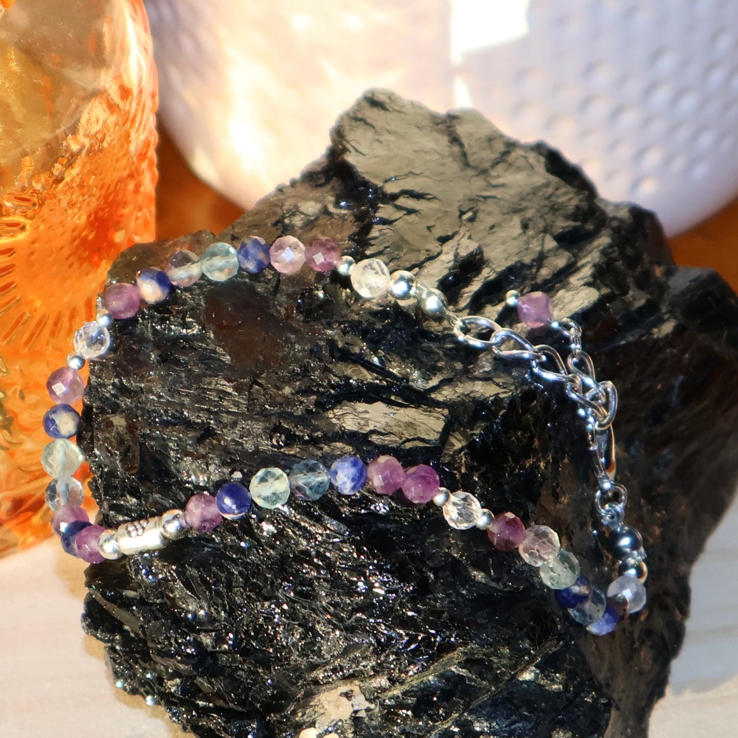 Bracelet - 4mm Faceted Amethyst, Rainbow Fluorite, & Clear Quartz
