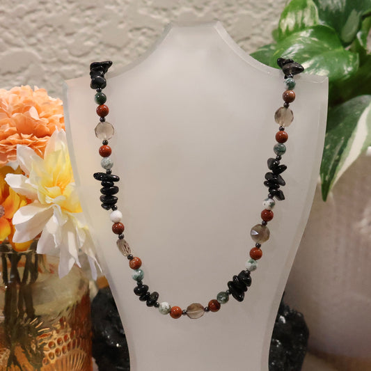 Necklace - Black Tourmaline, Smoky Quartz, Hematite, Red Jasper, Moss Agate