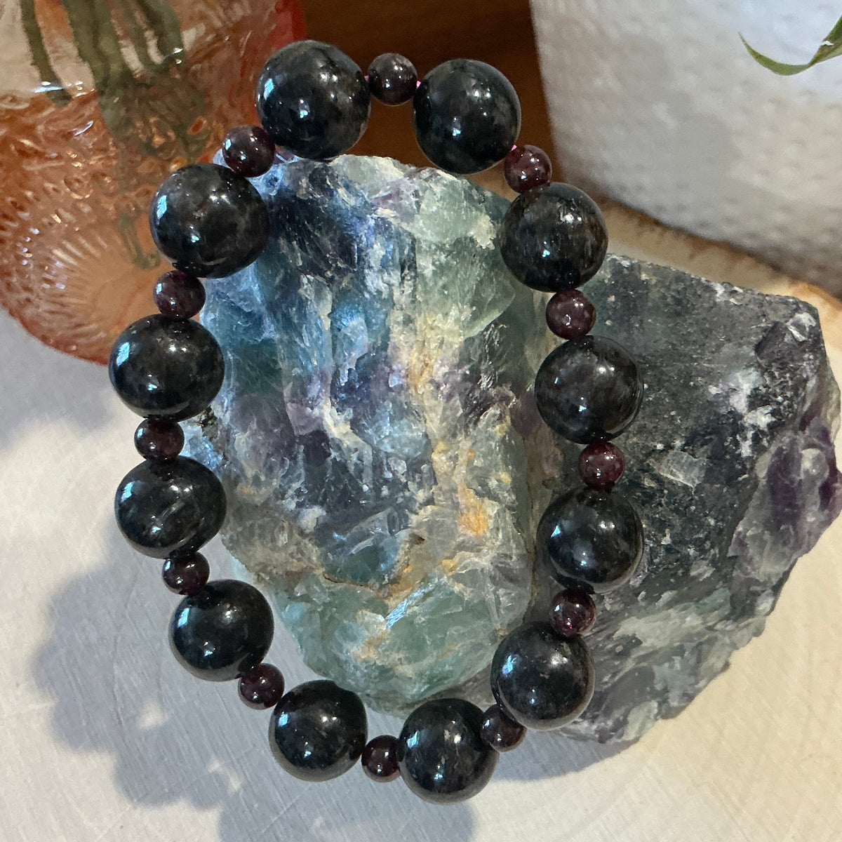 Arfvedsonite Bracelet - 12mm with 4mm Garnet