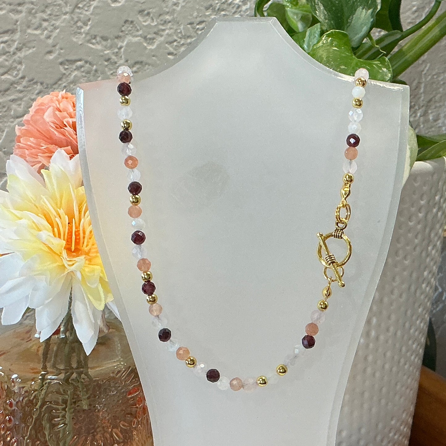 Garnet-Moonstone-Rose Quartz-Sunstone Necklace - 16inch