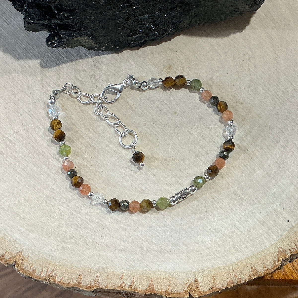 Bracelet - 4mm Faceted Peridot, Pyrite, Sunstone, Tiger’s Eye and Clear Quartz