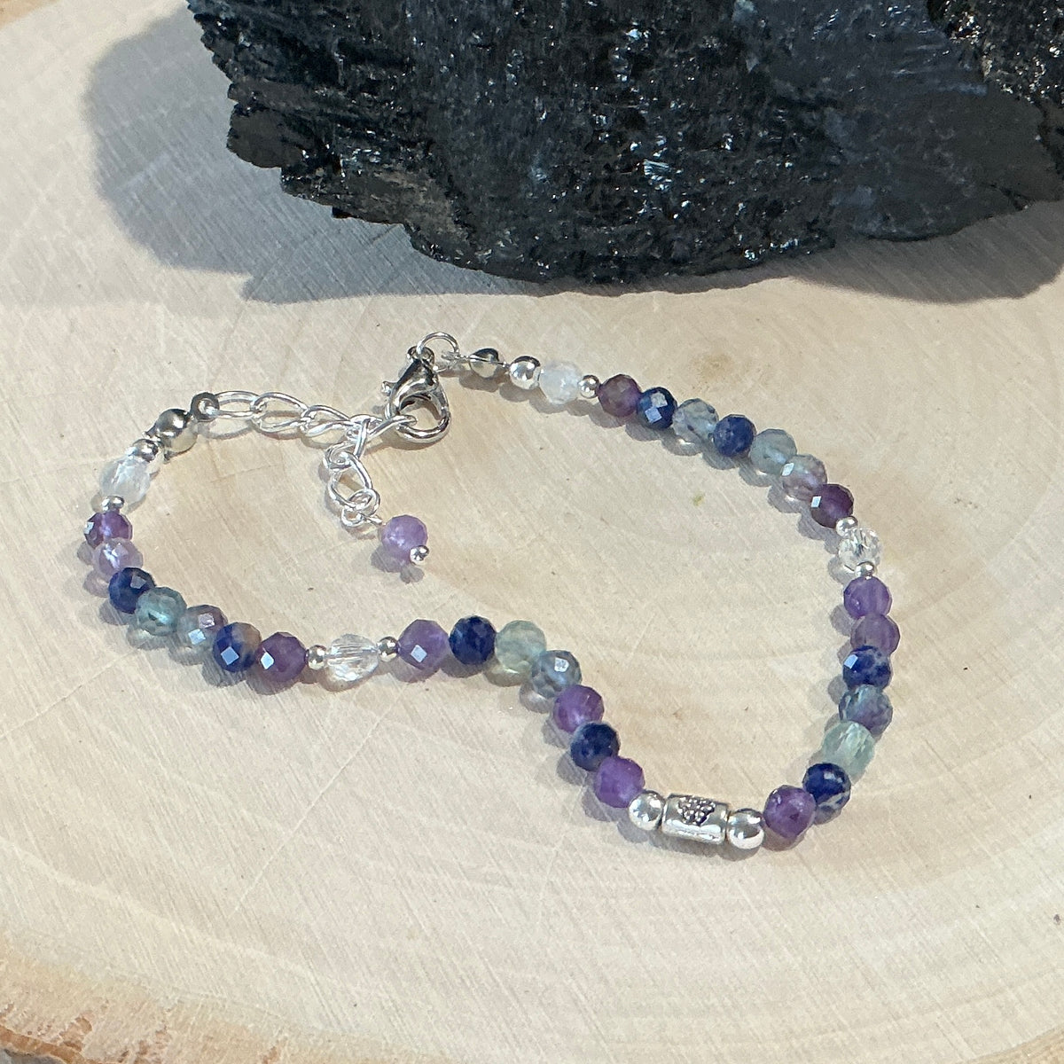 Bracelet - 4mm Faceted Amethyst, Rainbow Fluorite, & Clear Quartz