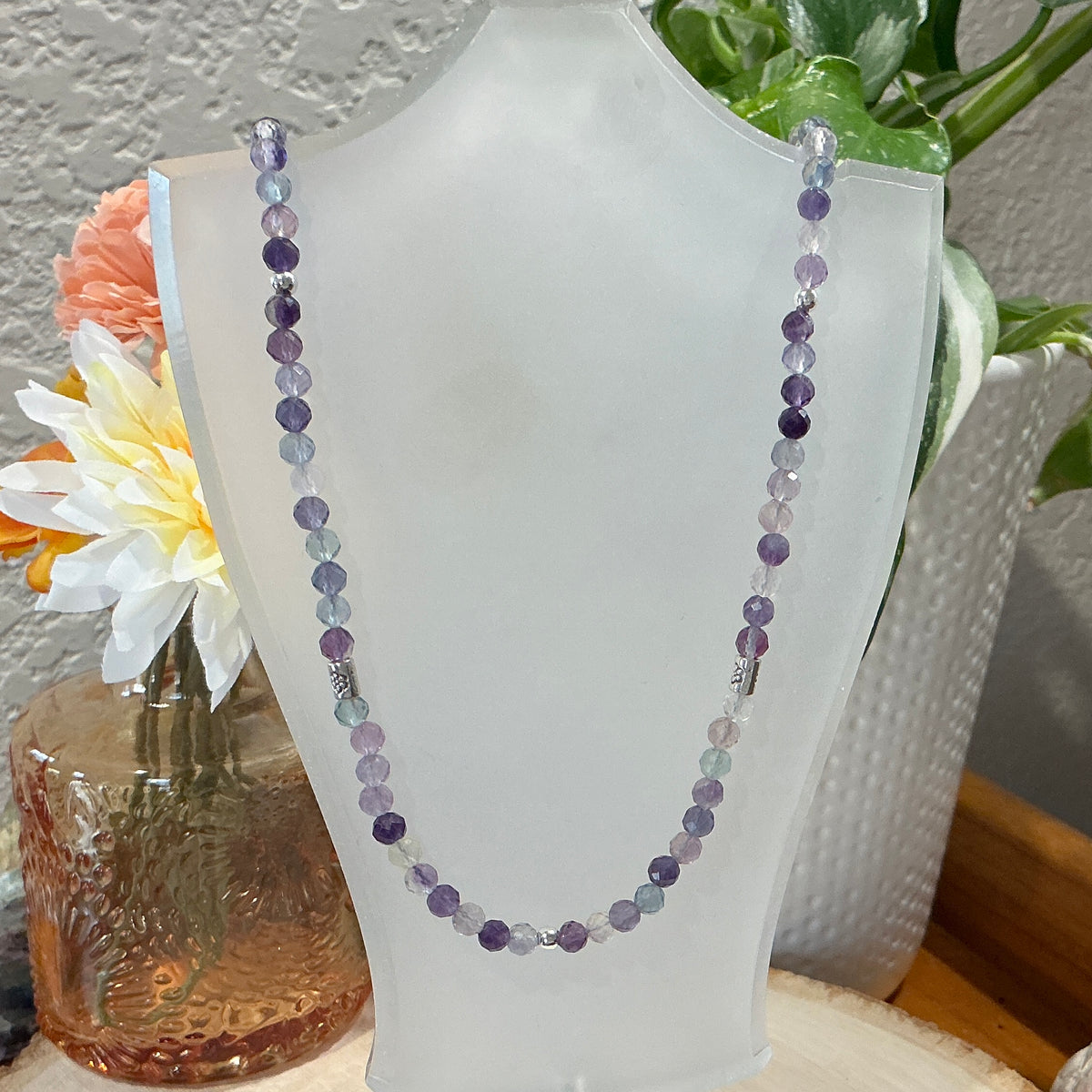 Necklace - Choker Style - 4mm Faceted Rainbow Fluorite Beads