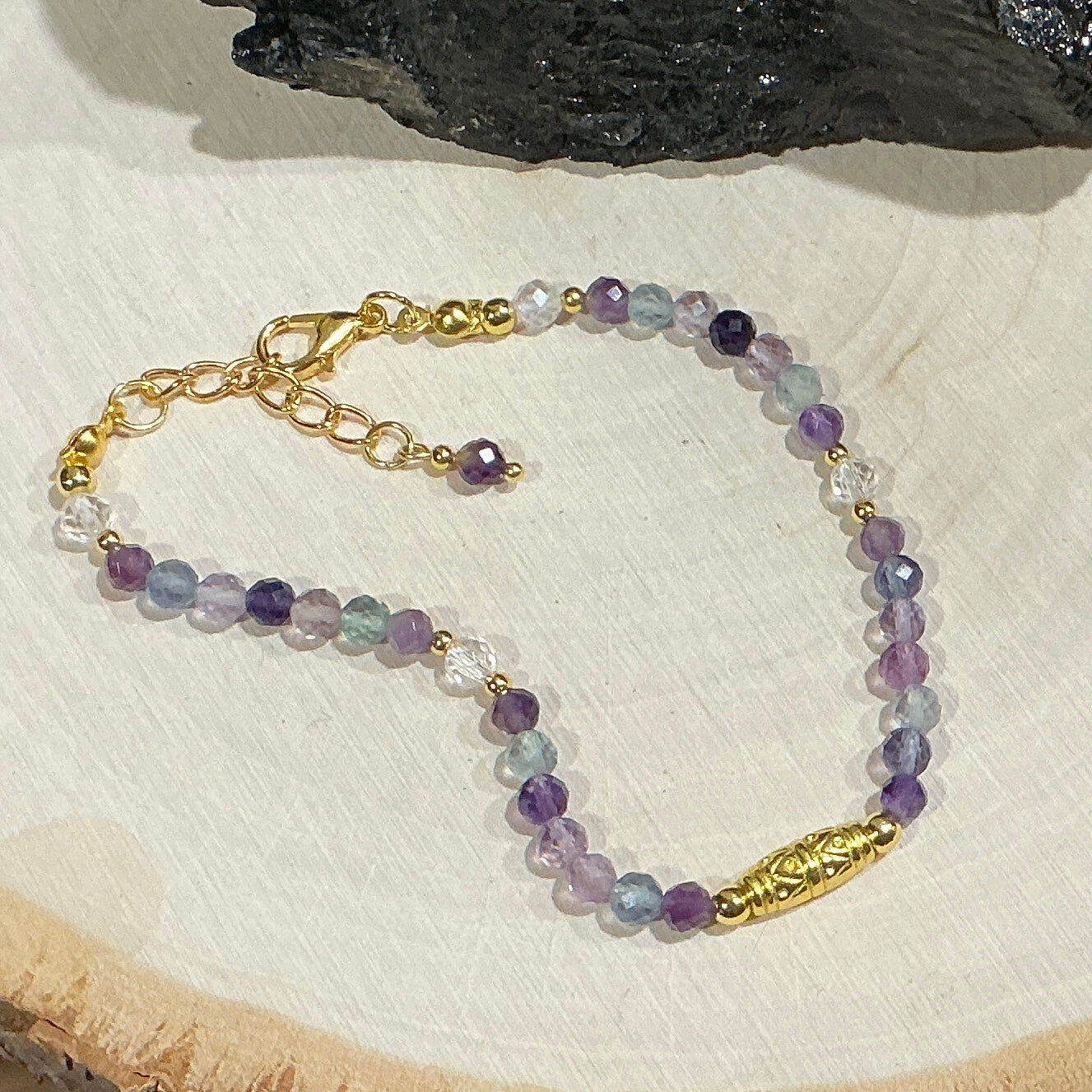 Bracelet - 4mm Faceted Amethyst, Rainbow Fluorite, & Clear Quartz