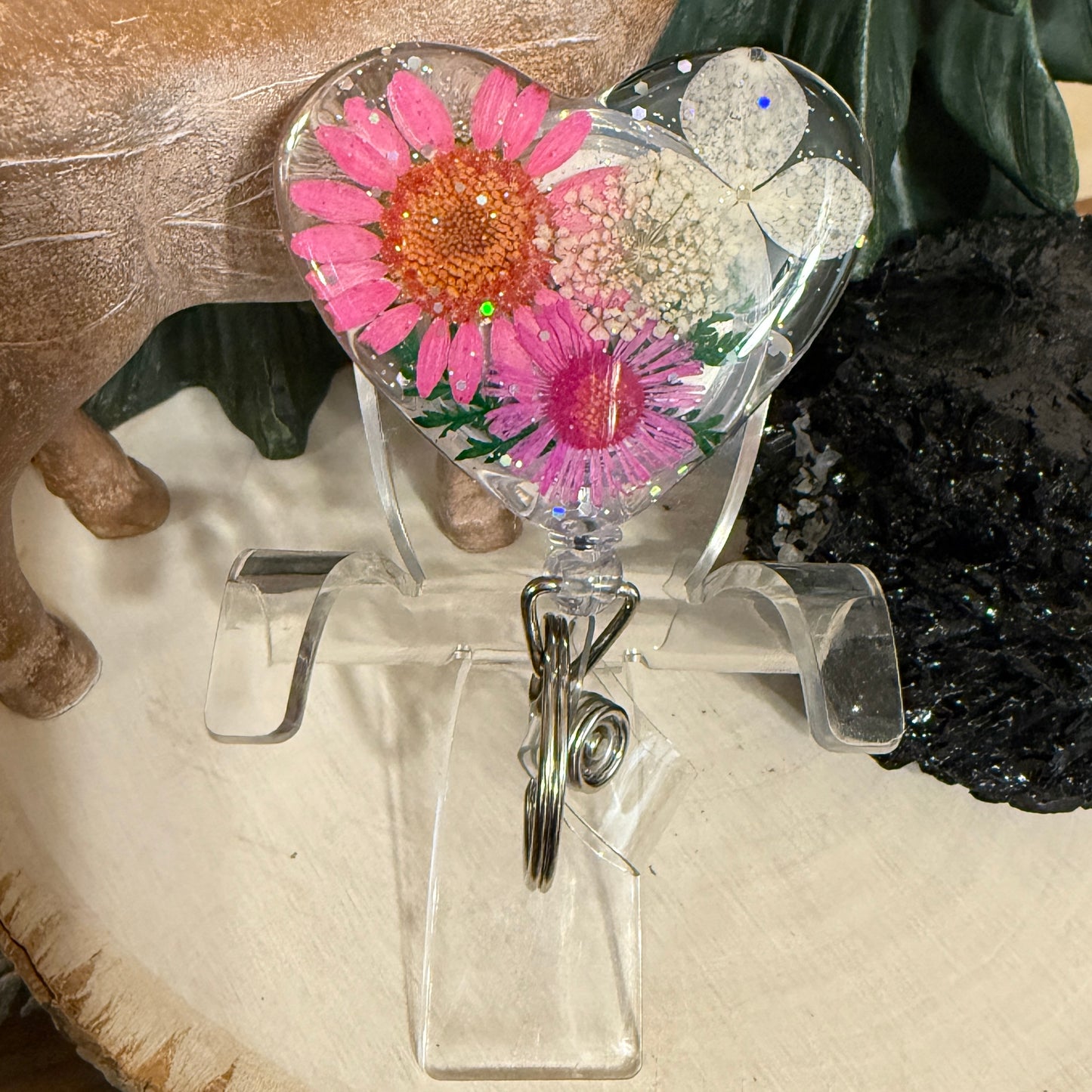 Badge Reel - Heart w/ Flowers in Resin