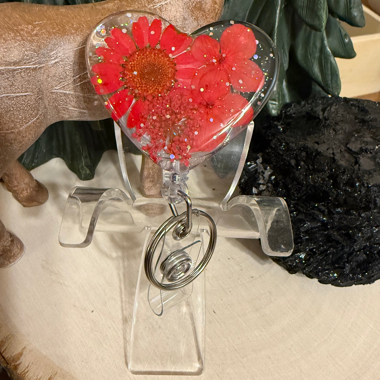 Badge Reel - Heart w/ Flowers in Resin